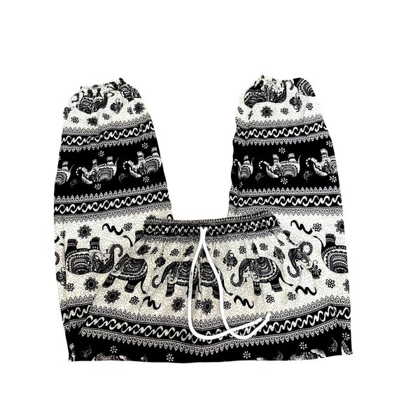 CCC Black Beige Elephant Print Rayon Pants Drawstring Waist Made In Thailand Med - Picture 6 of 6